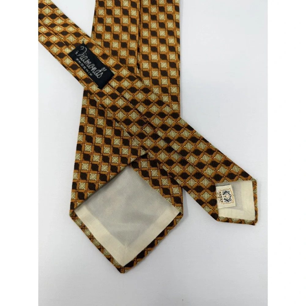 Vintage Diamond Phoenix Silk Necktie Brown Gold Geometric Check Retro 53